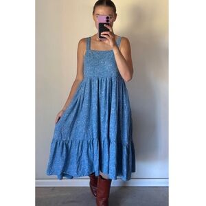 Blue Floral Long Flowy Midi Dress Back Tie Women’s Size Medium Linen Blend